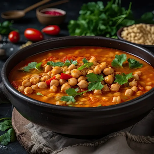 Die marokkanische Kichererbsen-Suppe Harira angeichtet mit Beilagen auf einem Tisch.