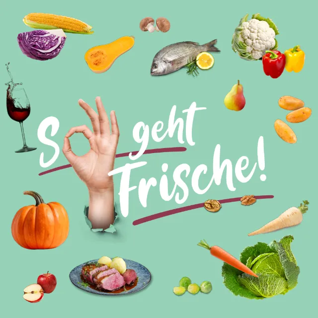 Kampagnenmotiv So geht Frische von Edeka Foodservice mit Slogan und Bildern von Obst und Gemüse vor mintfarbenem Hintergrund